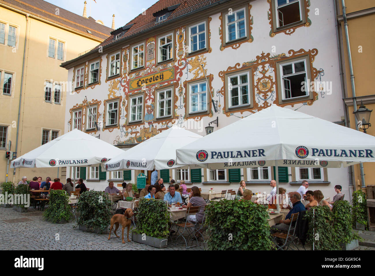 People sitting outside Loreley restaurant, Coburg, Franconia, Bavaria, Germany Stock Photo