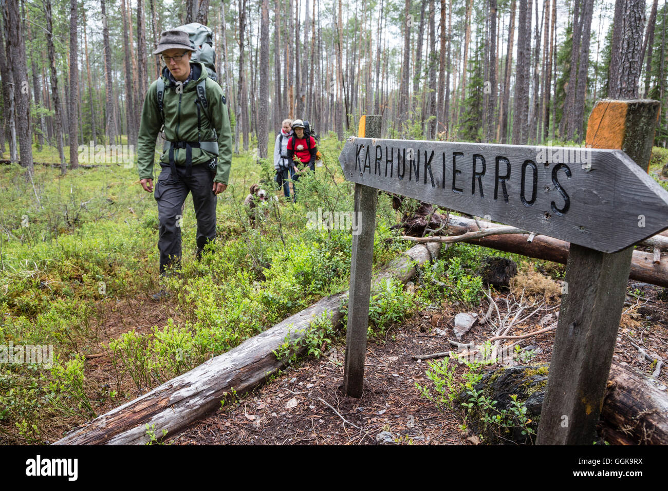 Hikers on the Karhunkierros hiking trail, Oulanka National Park, Northern Ostrobothnia, Finland Stock Photo