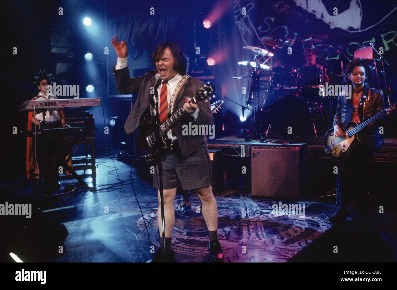 SCHOOL OF ROCK / School of Rock USA/G 2003 / Richard Linklater Freddy Jones (KEVIN ALEXANDER CLARK), Katie (REBECCA BROWN), Dewey Finn (JACK BLACK) und Lawrence (ROBERT TSAI) Regie: Richard Linklater aka. School of Rock Stock Photo