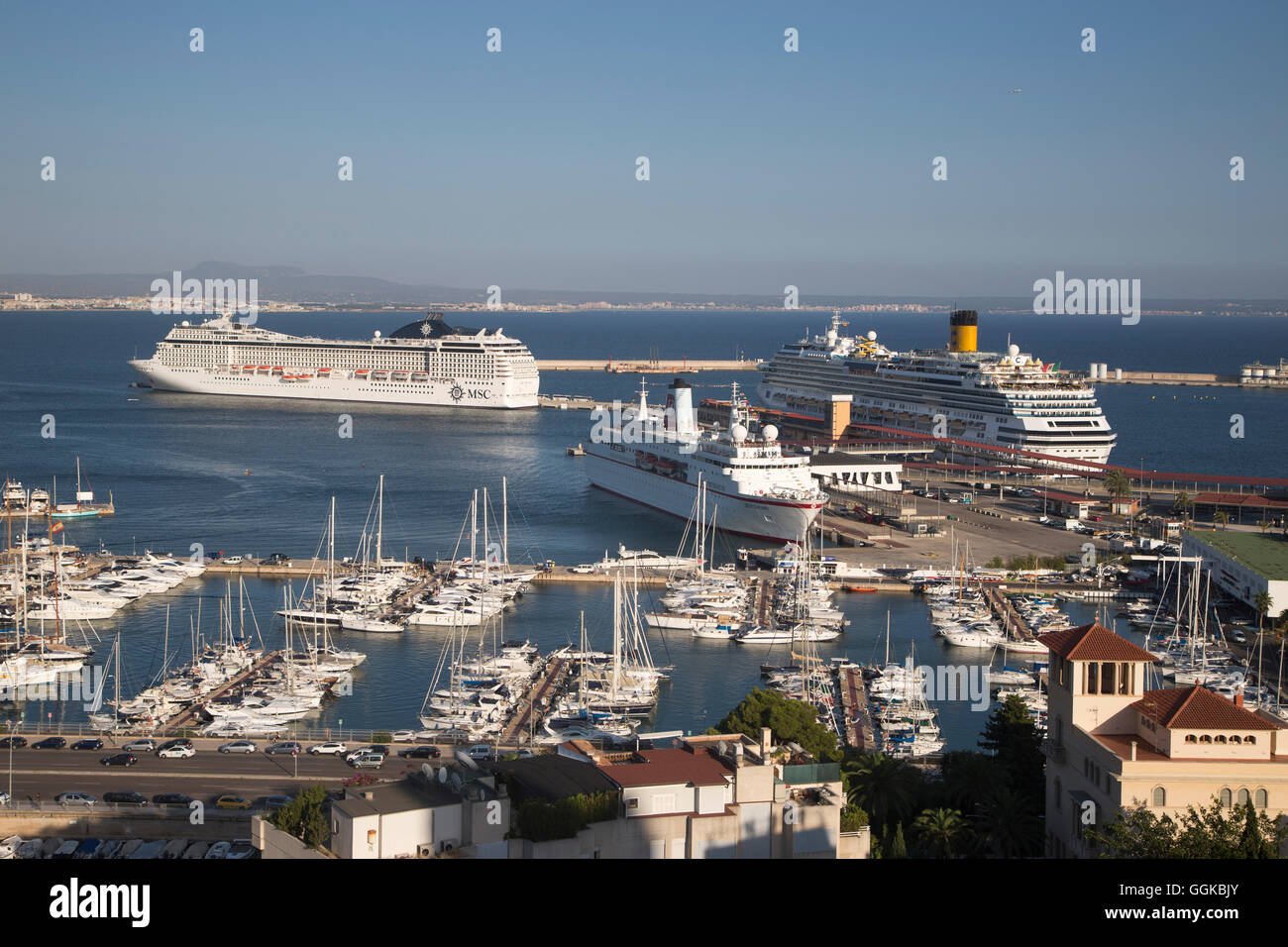 Cruise ships MS Deutschland (Reederei Peter Deilmann), MSC Musica (MSC Cruises) and Costa Favolosa (Costa Crociere) at Palma Cru Stock Photo