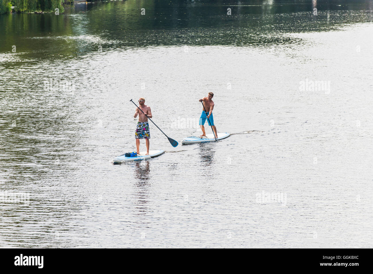 Men stand up paddling on the river Alster, Hamburg, Germany Stock Photo
