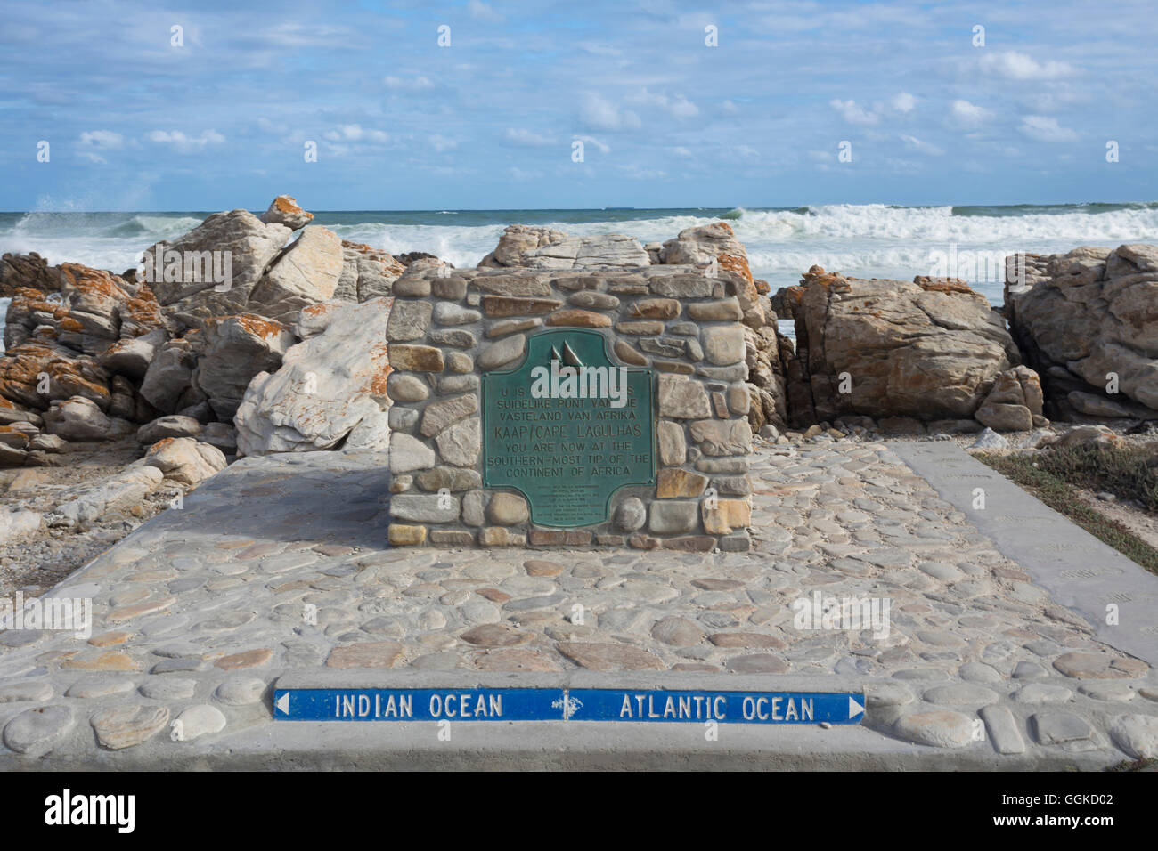 Marker indicating the dividing line between the Indian Ocean and the Atlantic Ocean, Cape L´Agulhas, Atlantic, Indian Ocean,  We Stock Photo