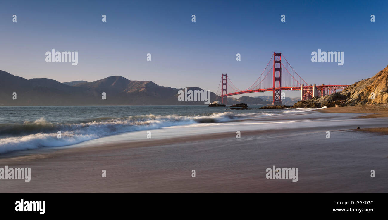 Baker Beach with view of the Golden Gate Bridge, San Francisco, Pacific Coast Highway, Highway 1, West Coast, Pacific, Californi Stock Photo