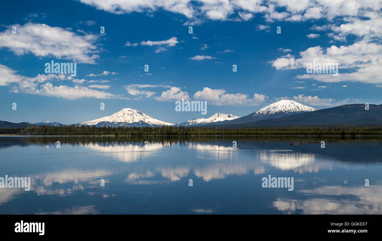 Mount South Sister, Mount Broken Top, Mount Bachelor, Deschutes County, Oregon, USA Stock Photo