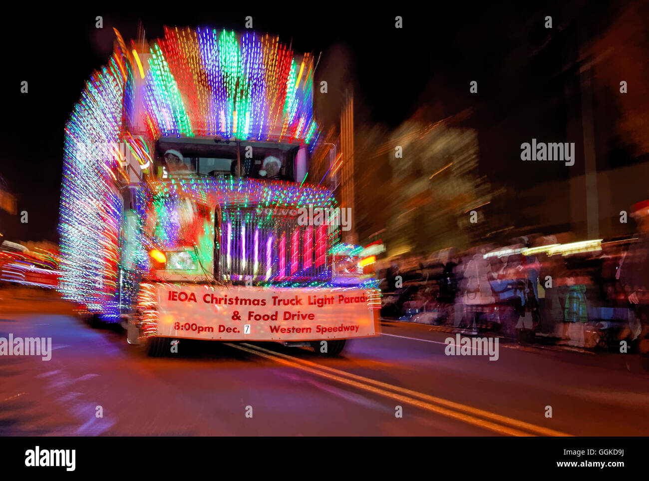 Commercial transport truck decorated for Christmas at Santa Claus