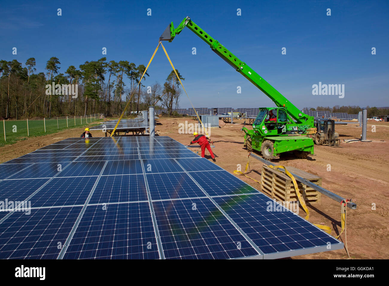 Construction work at the solar park at Peterswald, Neuental, Hesse, Germany, Europe Stock Photo