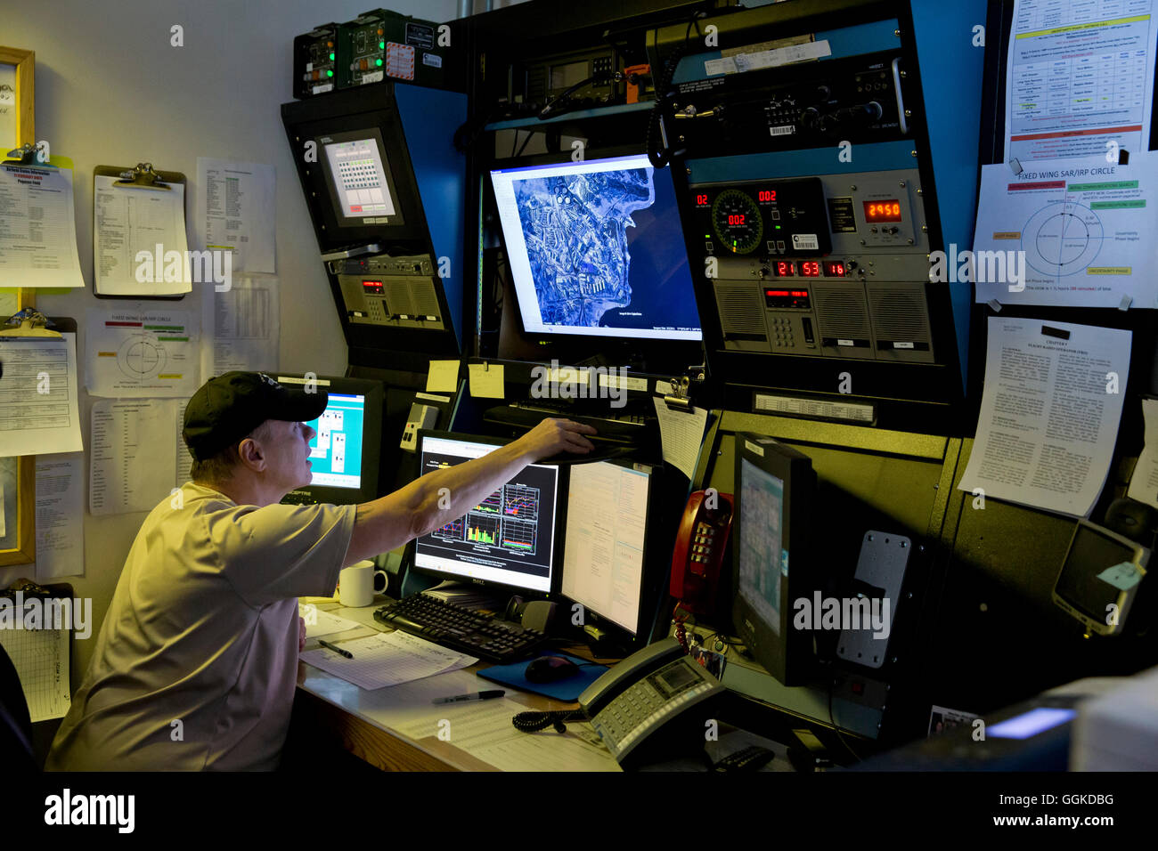 Communication center with operator, McMurdo Station, Ross Island, Antarctica Stock Photo