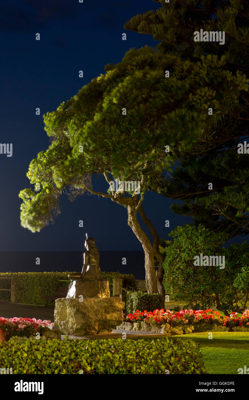 Statue of Pania of the Reef under a tree at night, Napier, Hawke's Bay, North Island, New Zealand Stock Photo