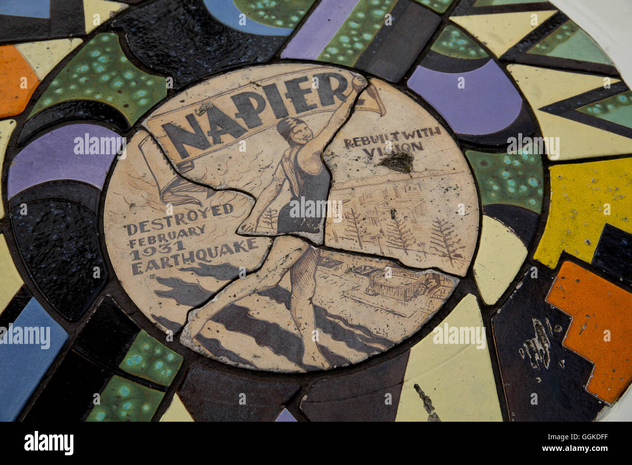Art Deco design mosaic with Napier motif, Napier, Hawke's Bay, North Island, New Zealand Stock Photo