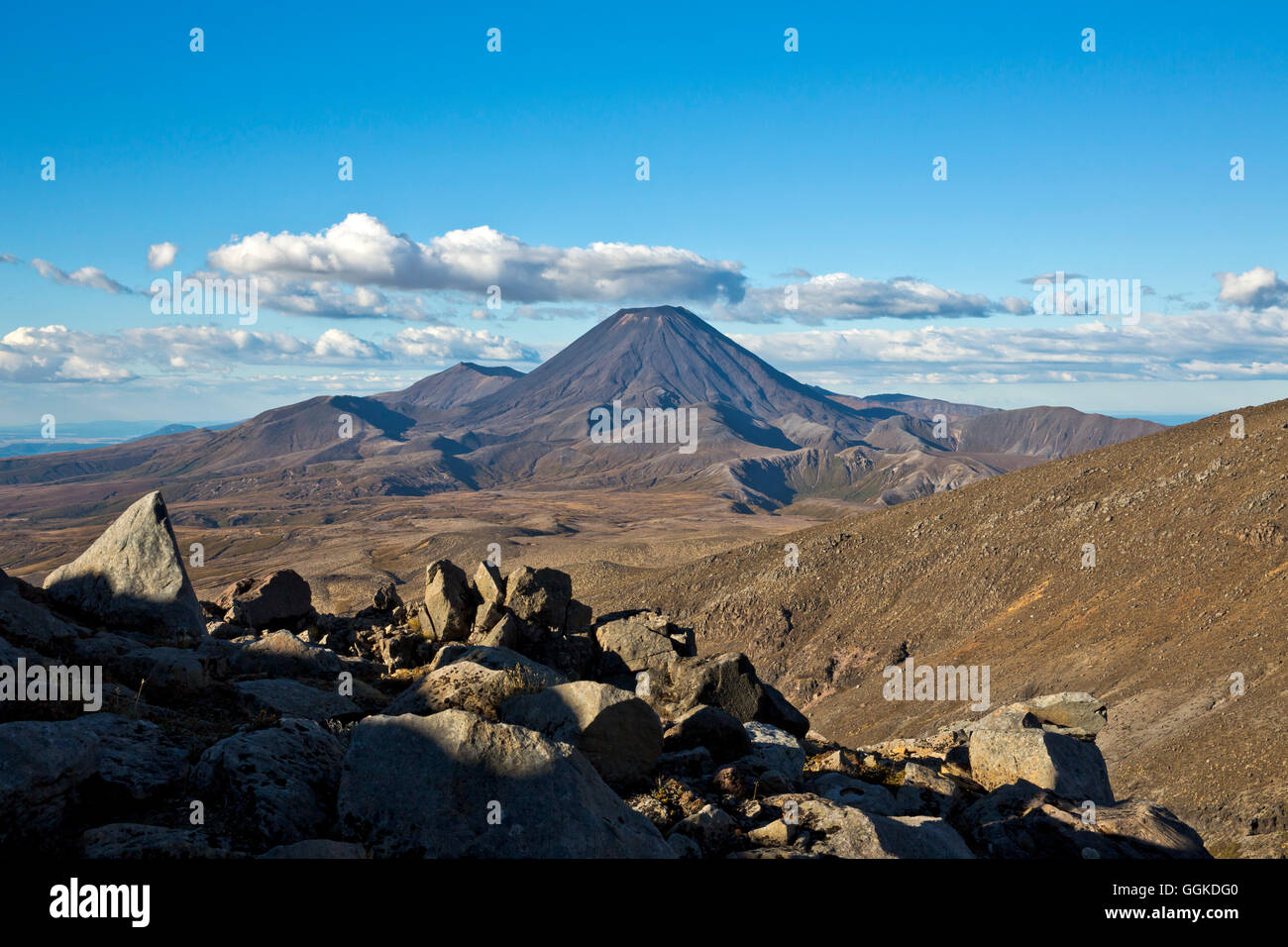 Landscape of the Tongariro National Park with view of the active volcano Mount Ngauruhoe, Tongariro National Park, North Island, Stock Photo