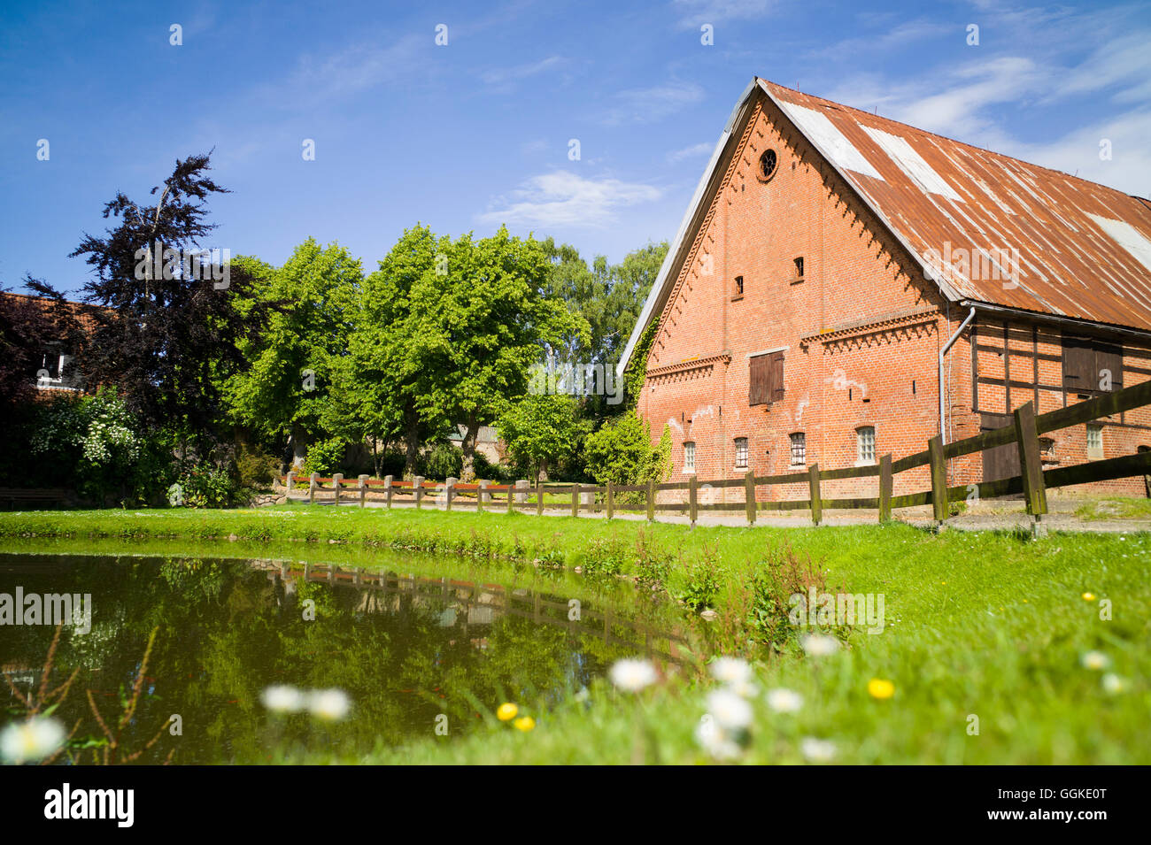 Farmhouse and pond, Bendfeld, Probstei, Schleswig-Hostein, Germany Stock Photo