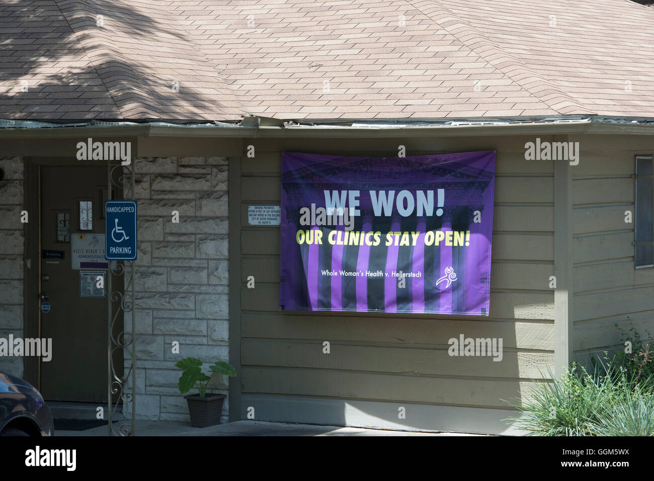 Sign outside former abortion clinic in Austin, TX, after U.S. Supreme Court struck down a Texas law regulating abortion clinics Stock Photo