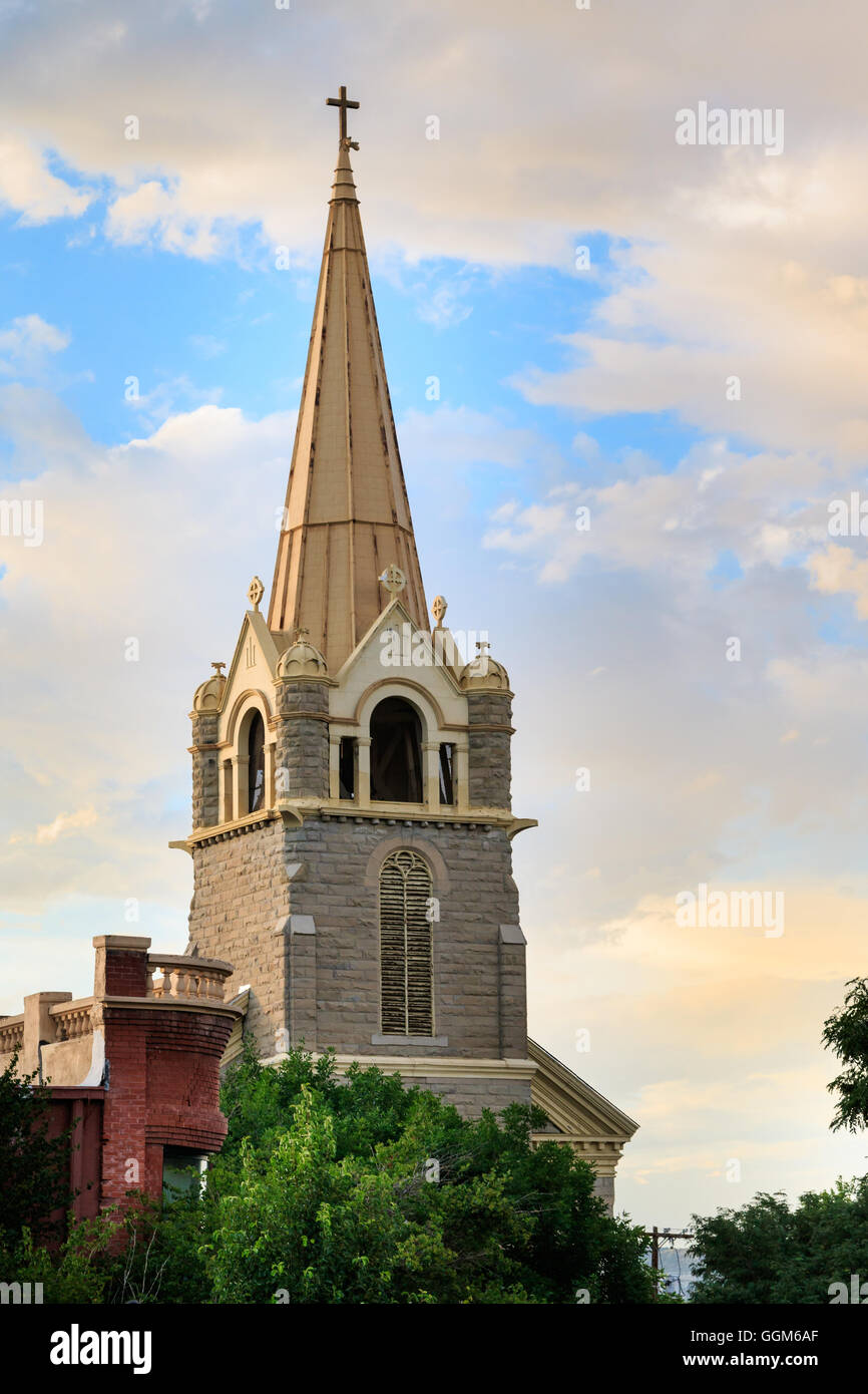 The steeple of of the Holy Trinity Church in Trinidad, Colorado, rises