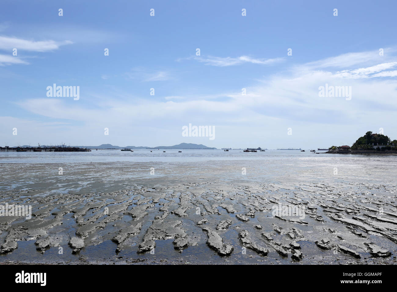 Sea coast in Sriracha city on a bright sky, Attractions in Thailand. Stock Photo