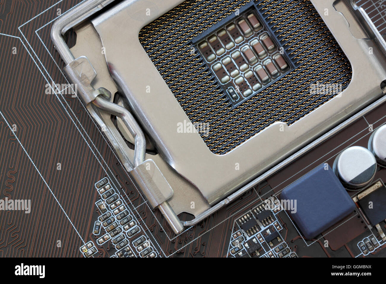 Socket electronics components on PC computer mainboard and have concept about technology. Stock Photo