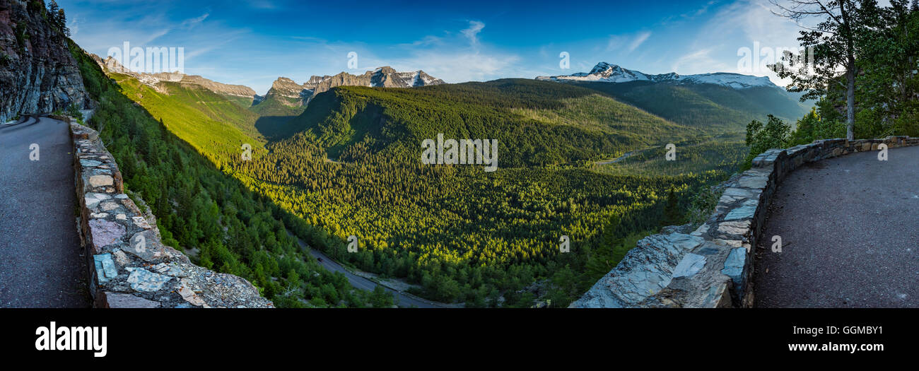 Panorama Overlooking Valley Below Logan Pass from Going to the Sun road Stock Photo