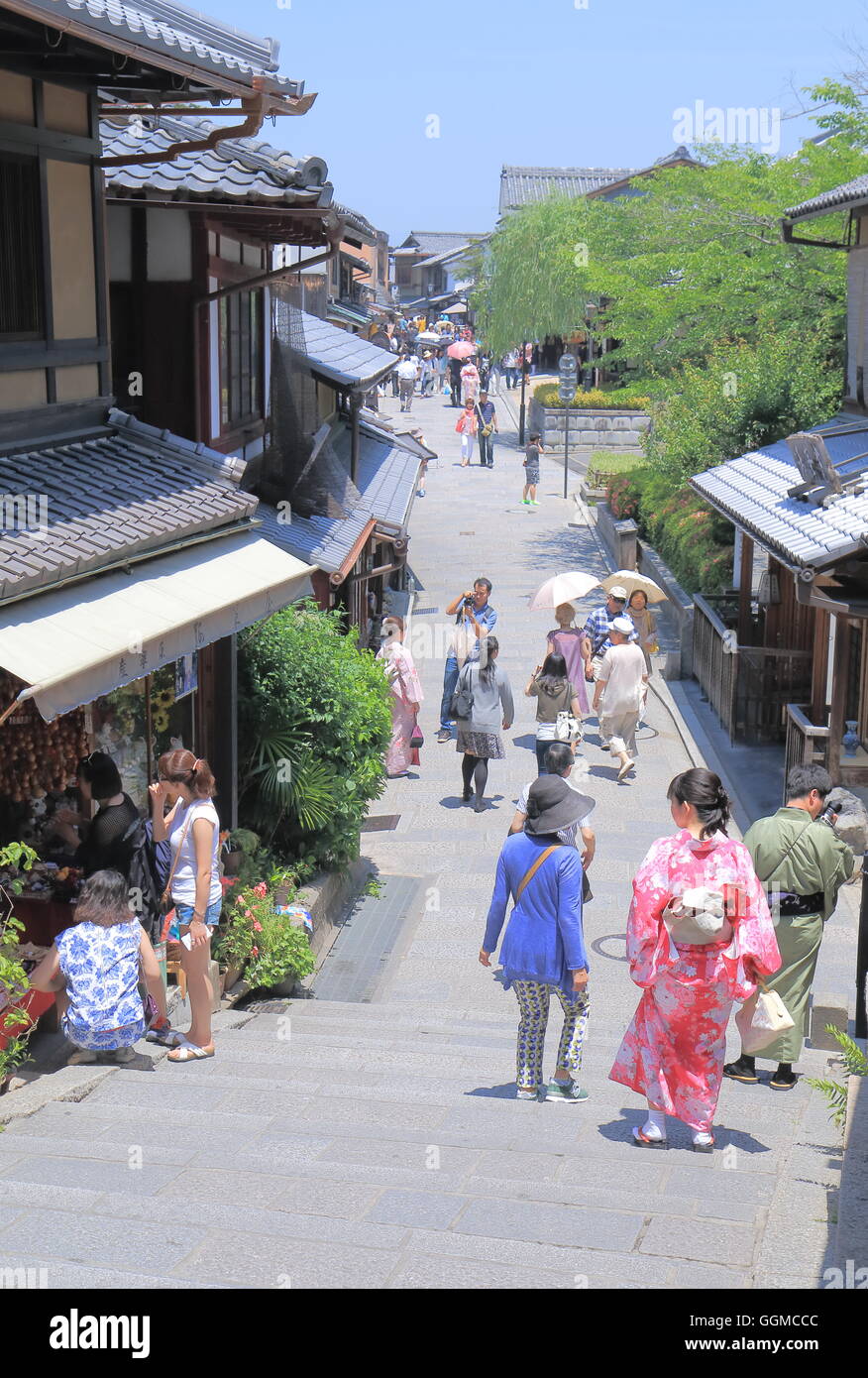 People stroll Sannenzaka street in Higashiyama Kyoto Japan. Stock Photo