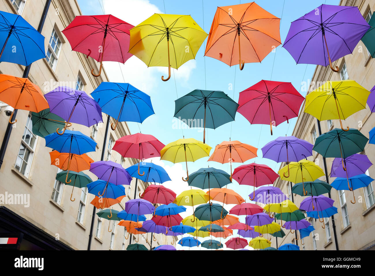 Umbrellas hanging up in Bath, England. Stock Photo