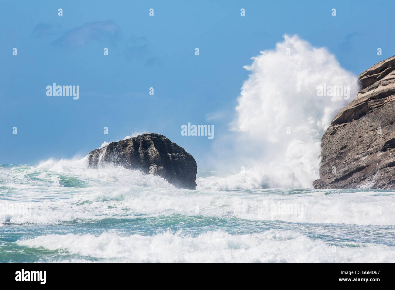 Crushing Waves at Wharariki Beach, Farewell Spit, South Island, New Zealand Stock Photo