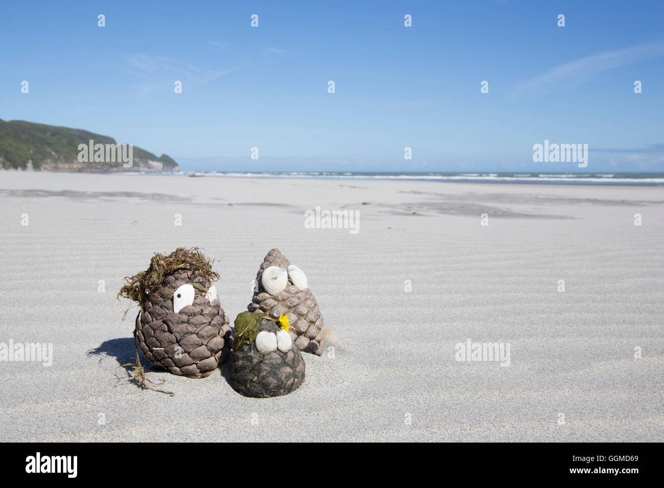 Creatures made out of pine cones on the beach, Farewell Spit, South Island, New Zealand Stock Photo