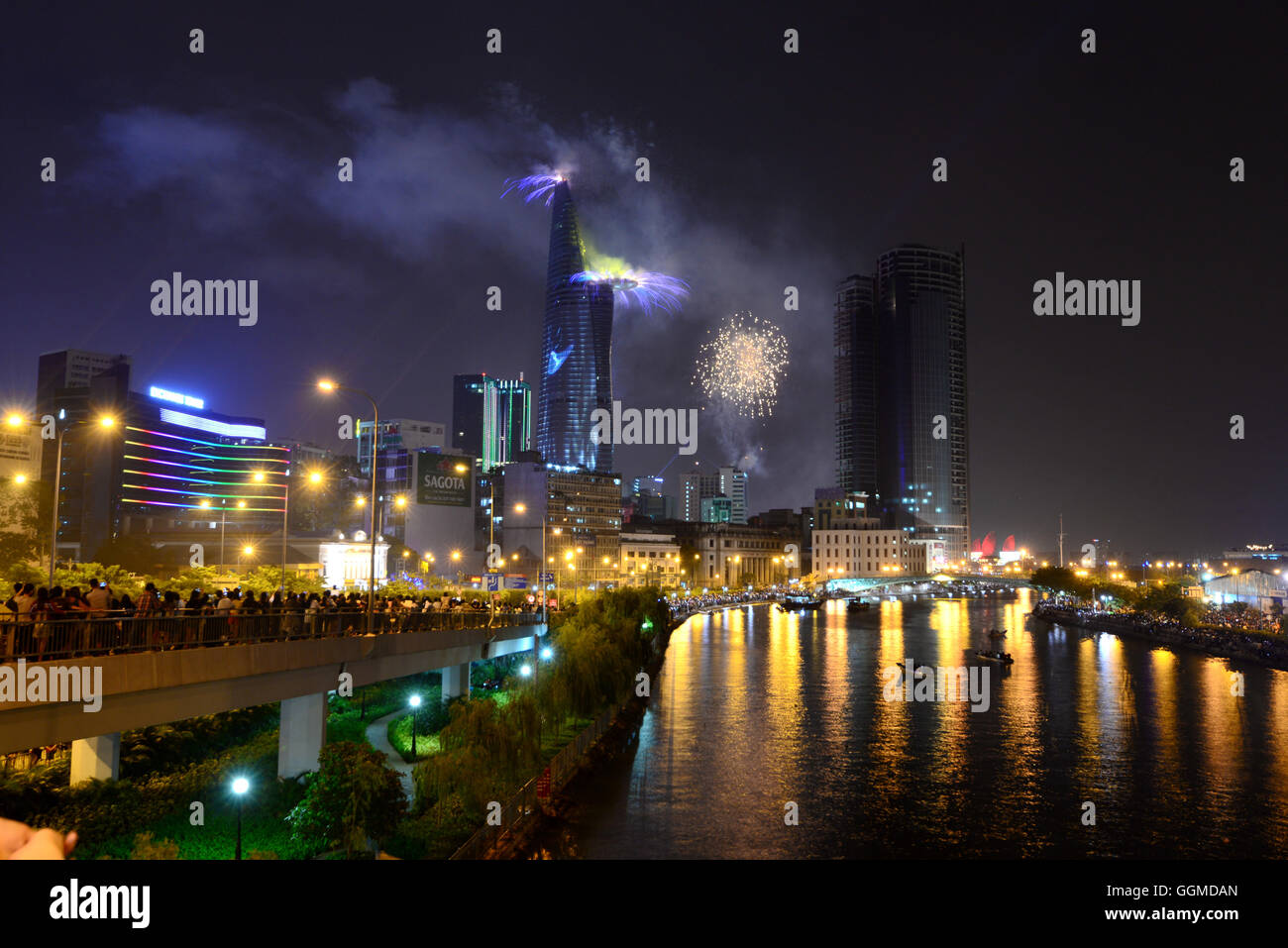 Fireworks at Bitexco Tower, Saigon, Ho Chi Minh-City, Vietnam, Asia Stock Photo
