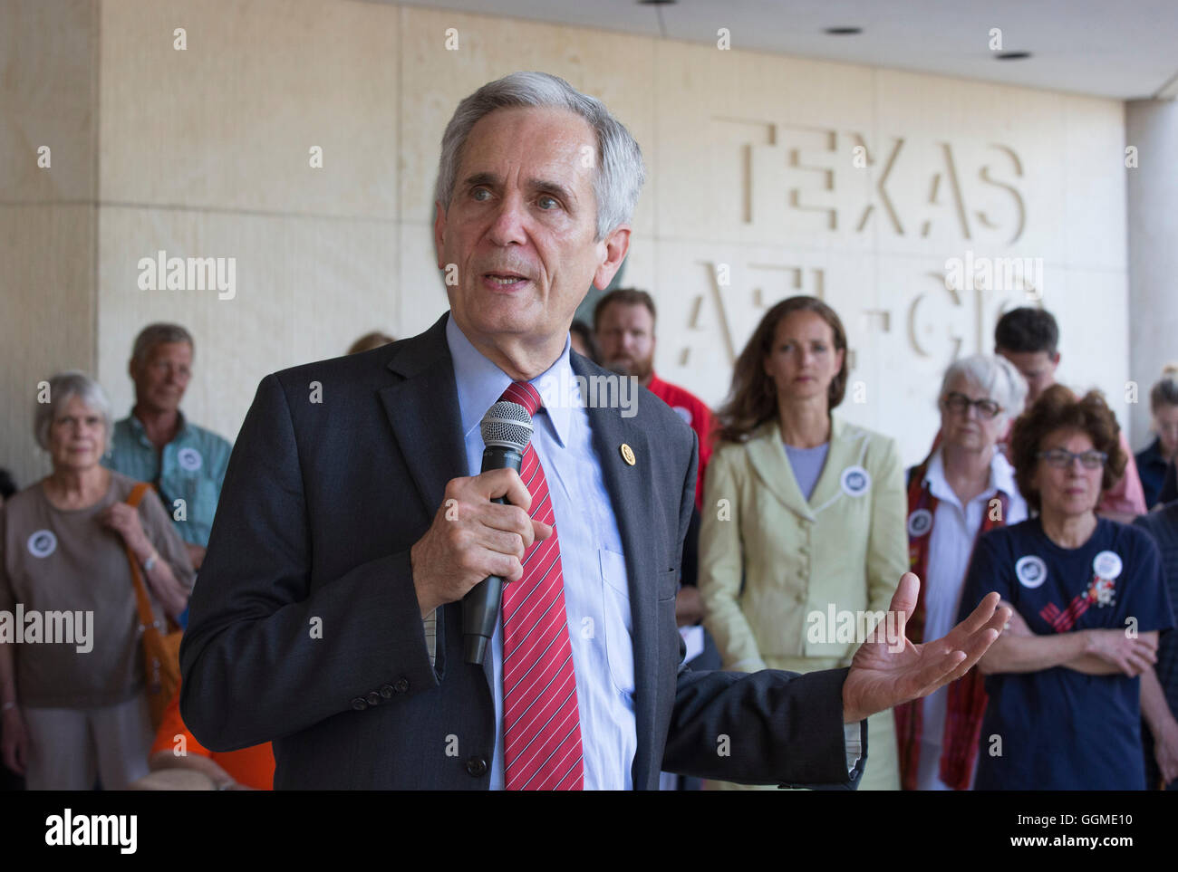 Texas Democratic congressman Lloyd Doggett speaks as anti-gun violence rally outside AFL-CIO headquarters in Austin, Texas Stock Photo