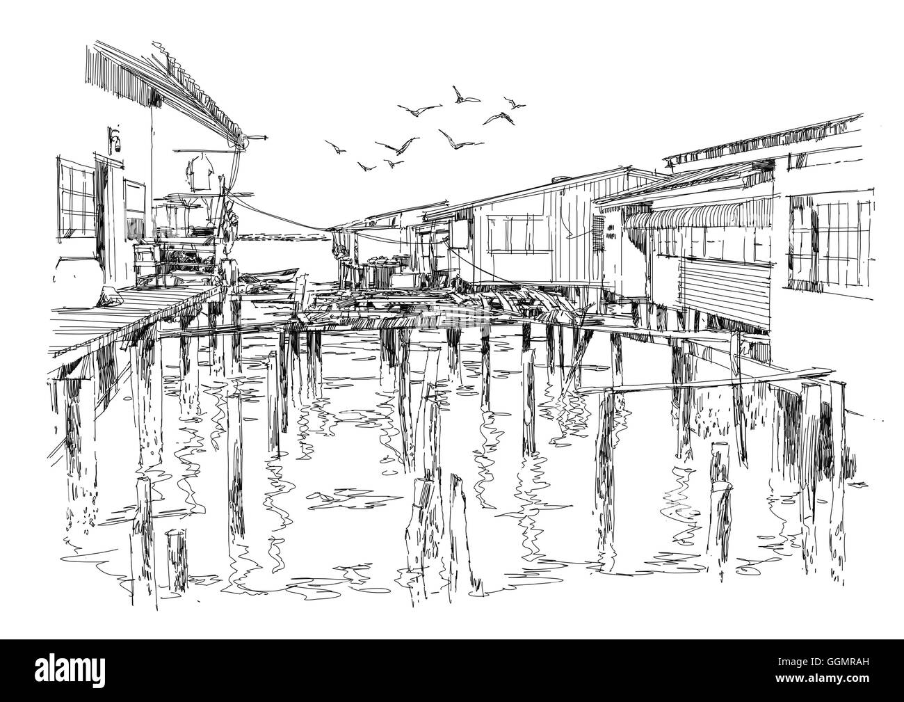 sketch of fishing village in summer, illustration Stock Photo