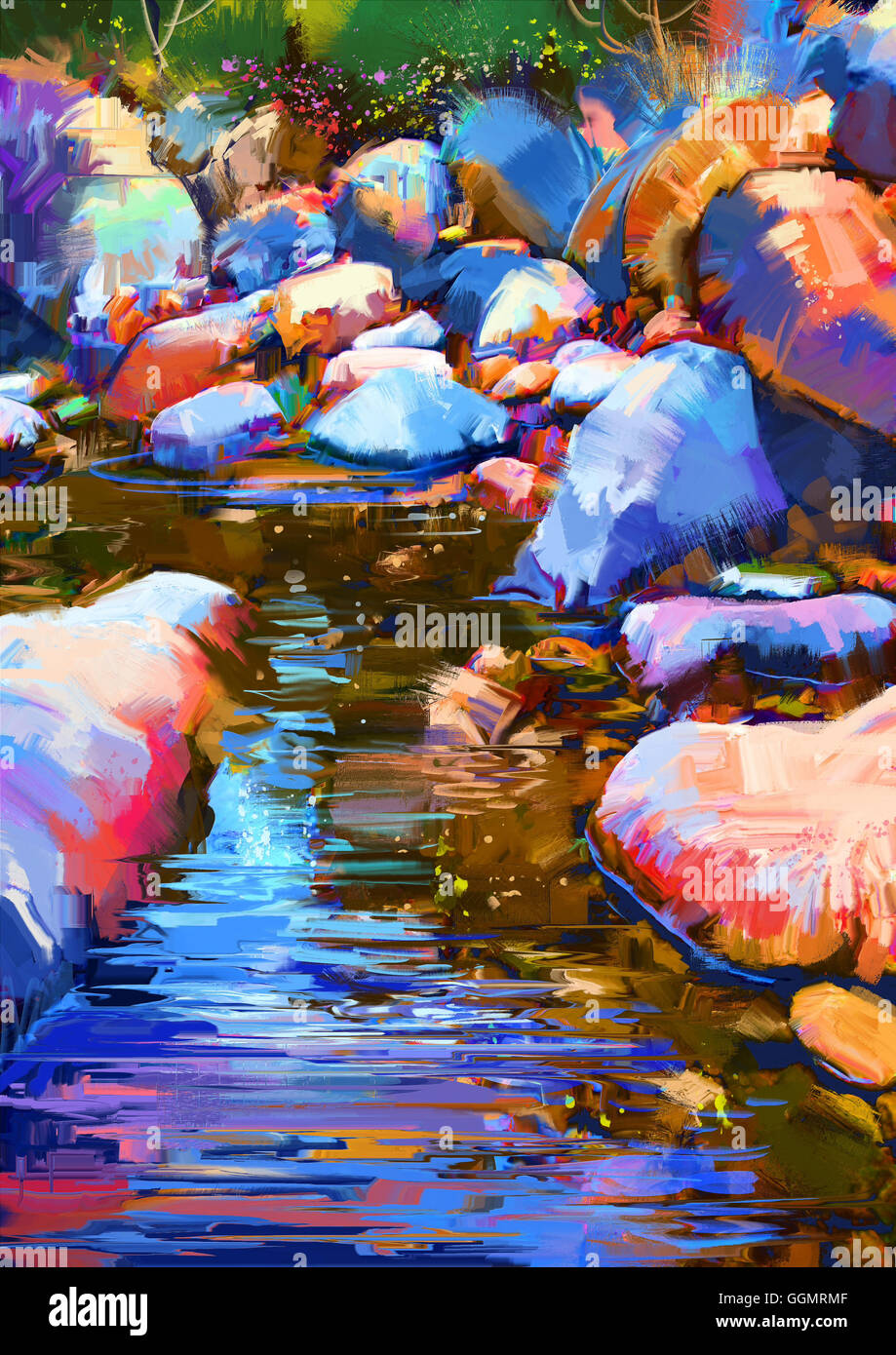 beautiful river amongst colorful stones,digital painting Stock Photo