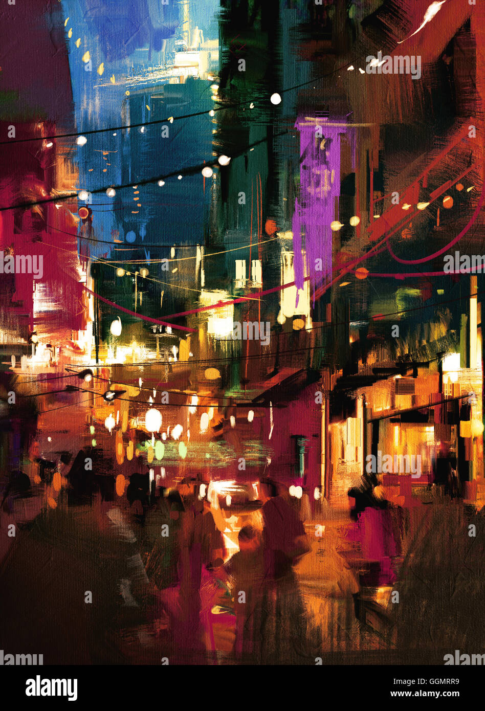 colorful painting of shopping street at night Stock Photo