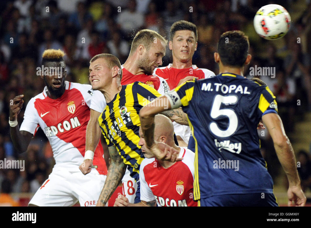 Monaco, France. 03rd Aug, 2016. UEFA Champions league qualifying round, AS Monaco versus Fenerbahce. Valere Germain (mon) challenged by Topla (fen) from the cross © Action Plus Sports/Alamy Live News Stock Photo