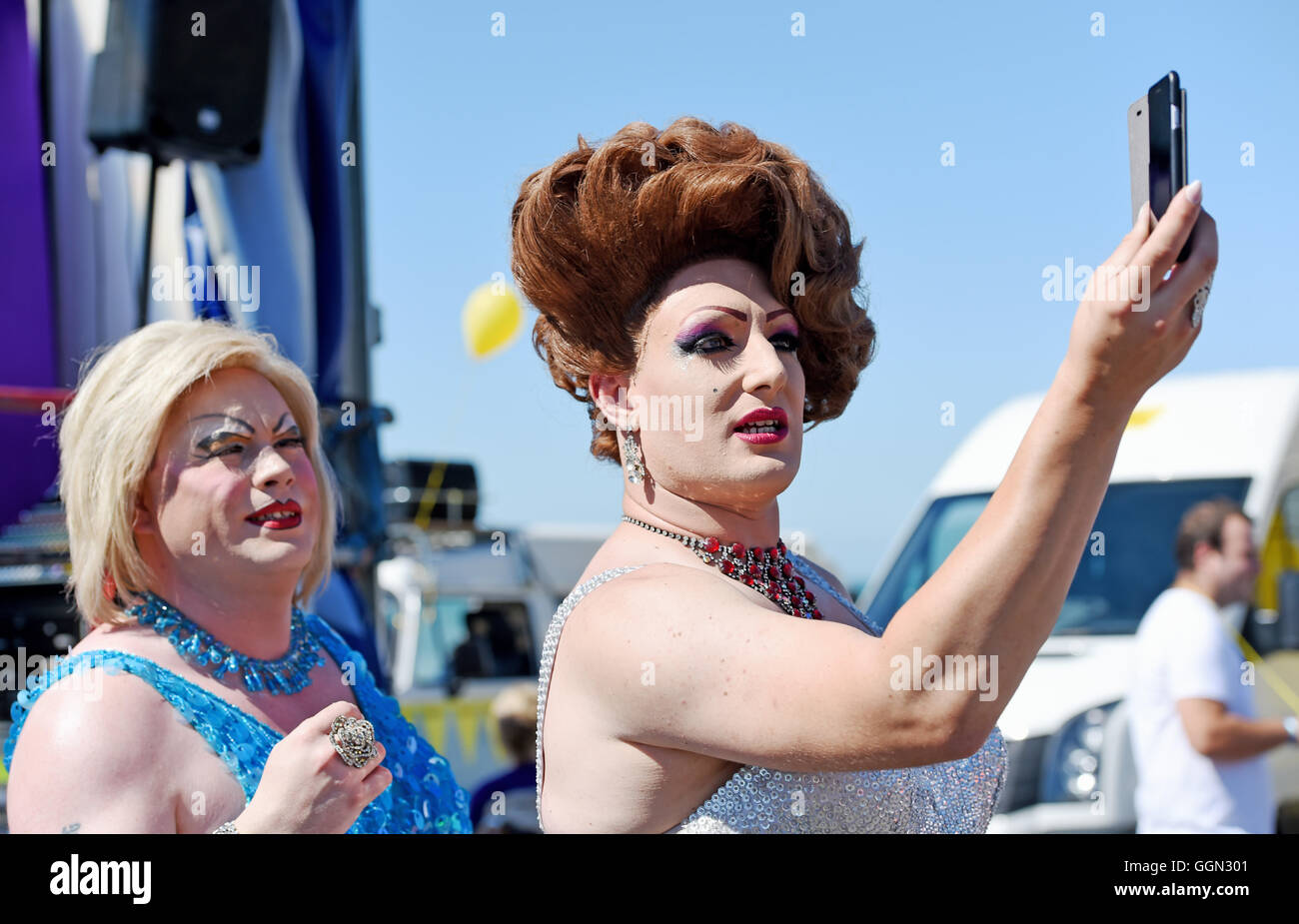 Brighton Sussex UK 6th August 2016 - Thousands take part in the Brighton and Hove Pride Community Parade starting on Hove Lawns and finishing at Preston Park . The three day Brighton and Hove Pride Festival is the largest in the UK  Credit:  Simon Dack/Alamy Live News Stock Photo