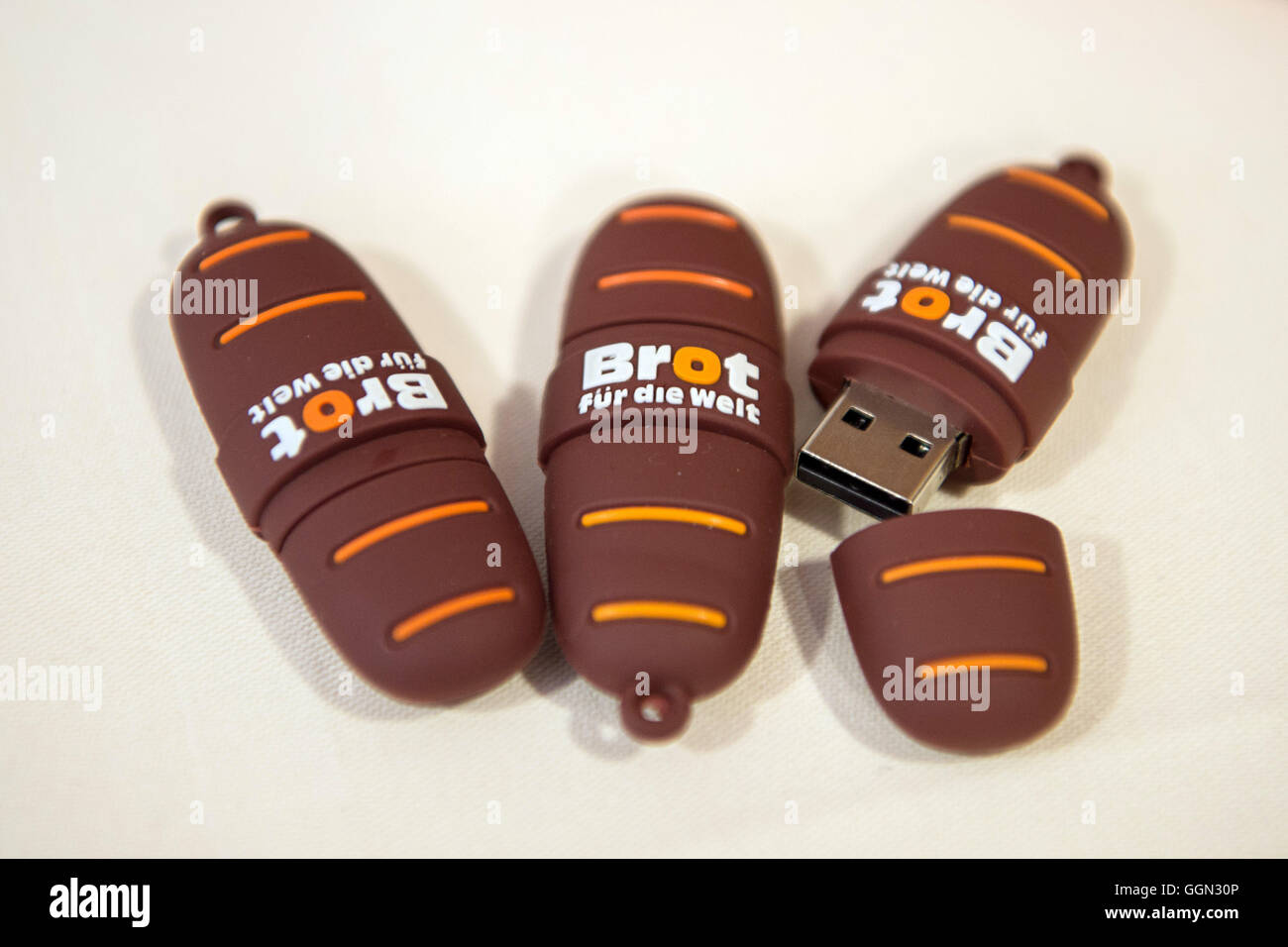 USB sticks with the logo of Evangelical relief organization 'Brot fuer die Welt' can be seen at a balance-sheet press conference in Berlin, Germany, 04 August 2016. The organization is presenting its 2015 annual report. Photo:  Wolfram Kastl/dpa Stock Photo