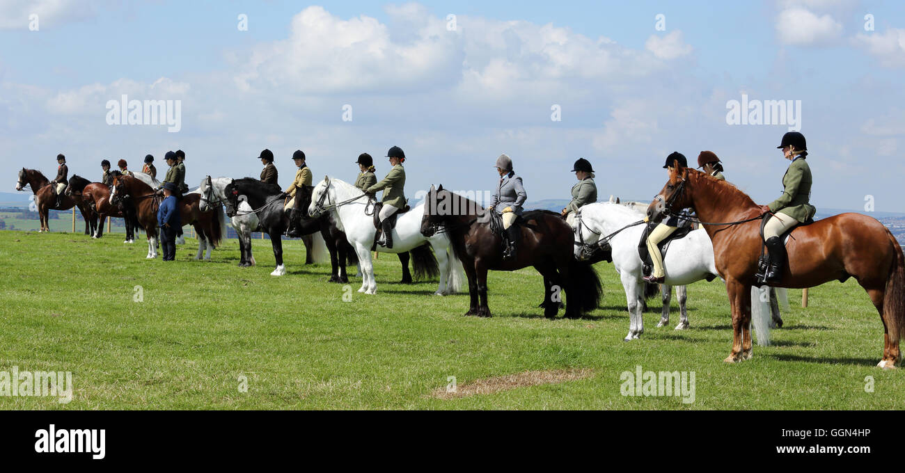Riders on their horses in line, waiting their turn at impressing the judges at the Emley Agricultural show, Emley, Huddersfield, England, UK Stock Photo