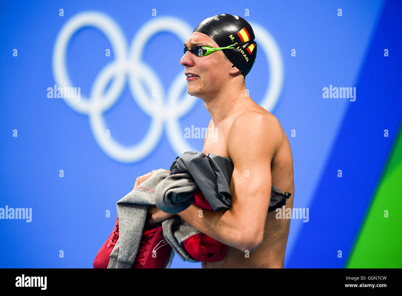 Rio de Janeiro, Brazil. 06th Aug, 2016. Olympic Aquatics Stadium, Barra Olympic Park, Rio de Janeiro. 06th Aug, 2016. Rio Summer Olympic Games, swimming. Miguel Duran Navia (esp) - 400m mens freestyle leaves after fouling out Credit:  Action Plus Sports/Alamy Live News Stock Photo