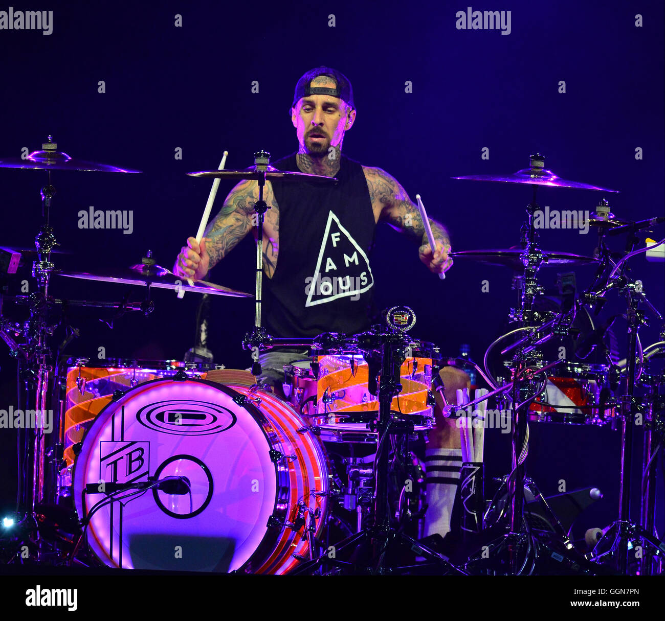 WEST PALM BEACH, FL - AUGUST 05: Musician Travis Barker of blink-182 perform at Perfect Vodka Amphitheatre on August 5, 2016 in West Palm Beach, Florida.  Credit: MPI10 / MediaPunch Stock Photo
