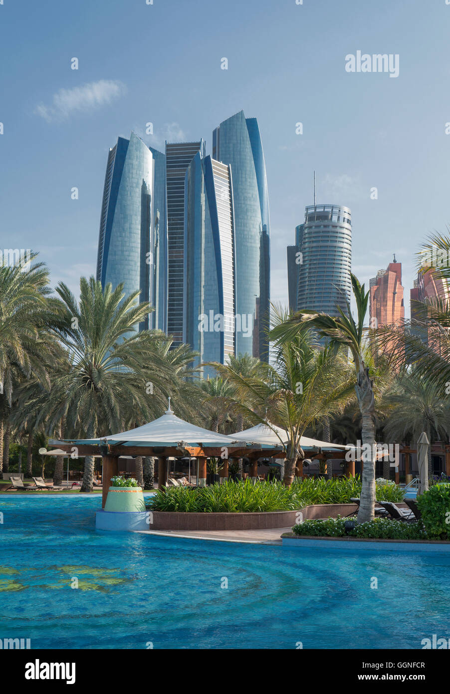 Waterfront near modern highrises, Abu Dhabi, Abu Dhabi Emirate, United Arab Emirates, Stock Photo