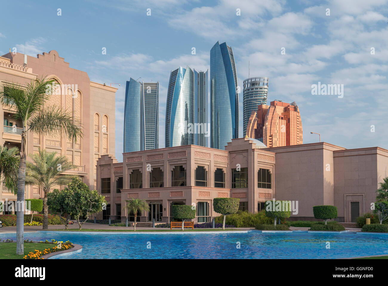 Waterfront near modern highrises, Abu Dhabi, Abu Dhabi Emirate, United Arab Emirates, Stock Photo