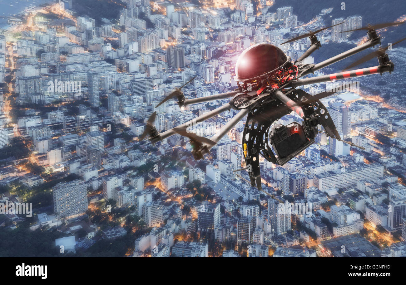 Drone hovering over city, Rio De Janeiro, Brazil, Stock Photo