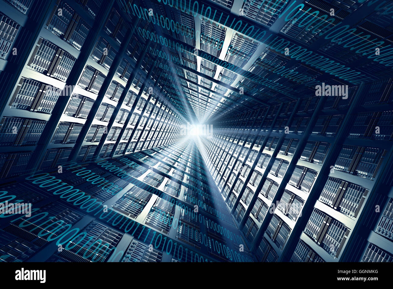 Light shining from binary code and computer servers Stock Photo