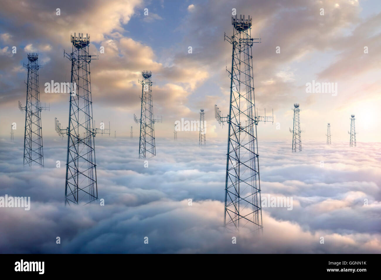 Cellular towers above clouds Stock Photo
