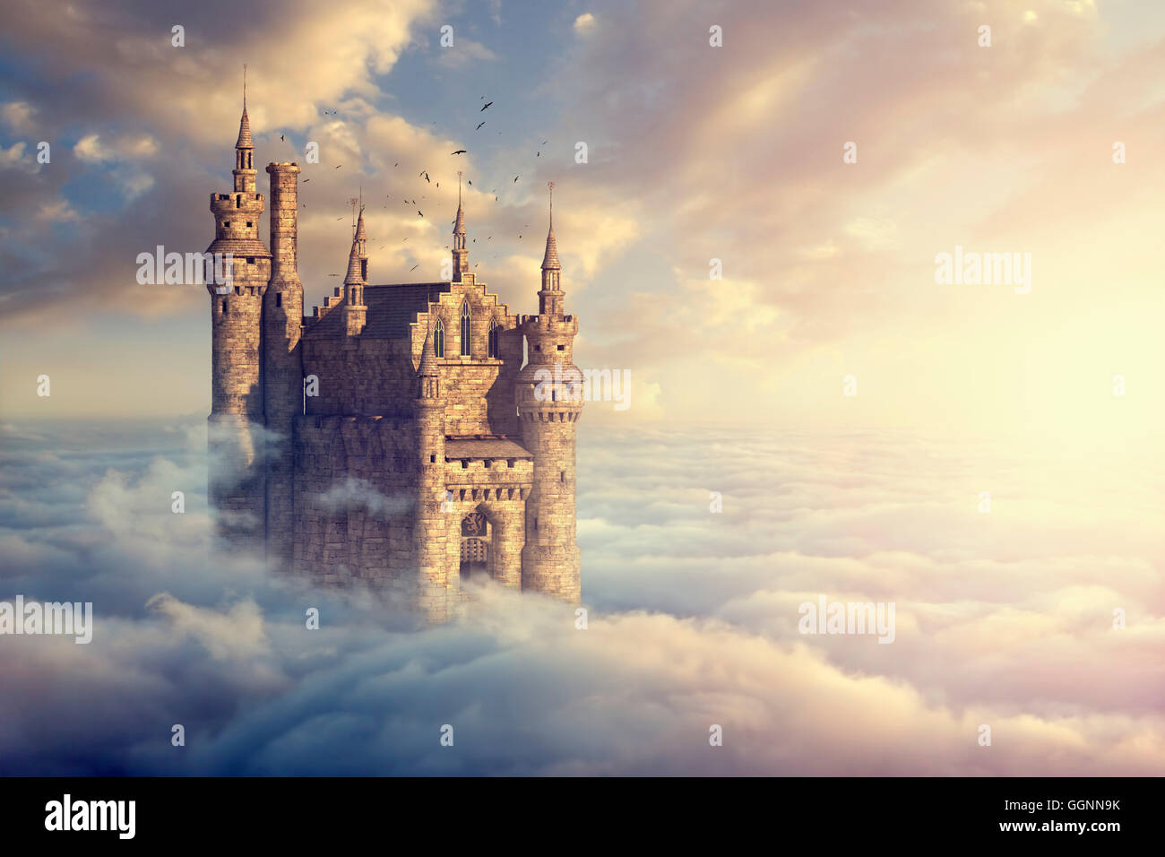 Birds flying around castle above clouds Stock Photo - Alamy