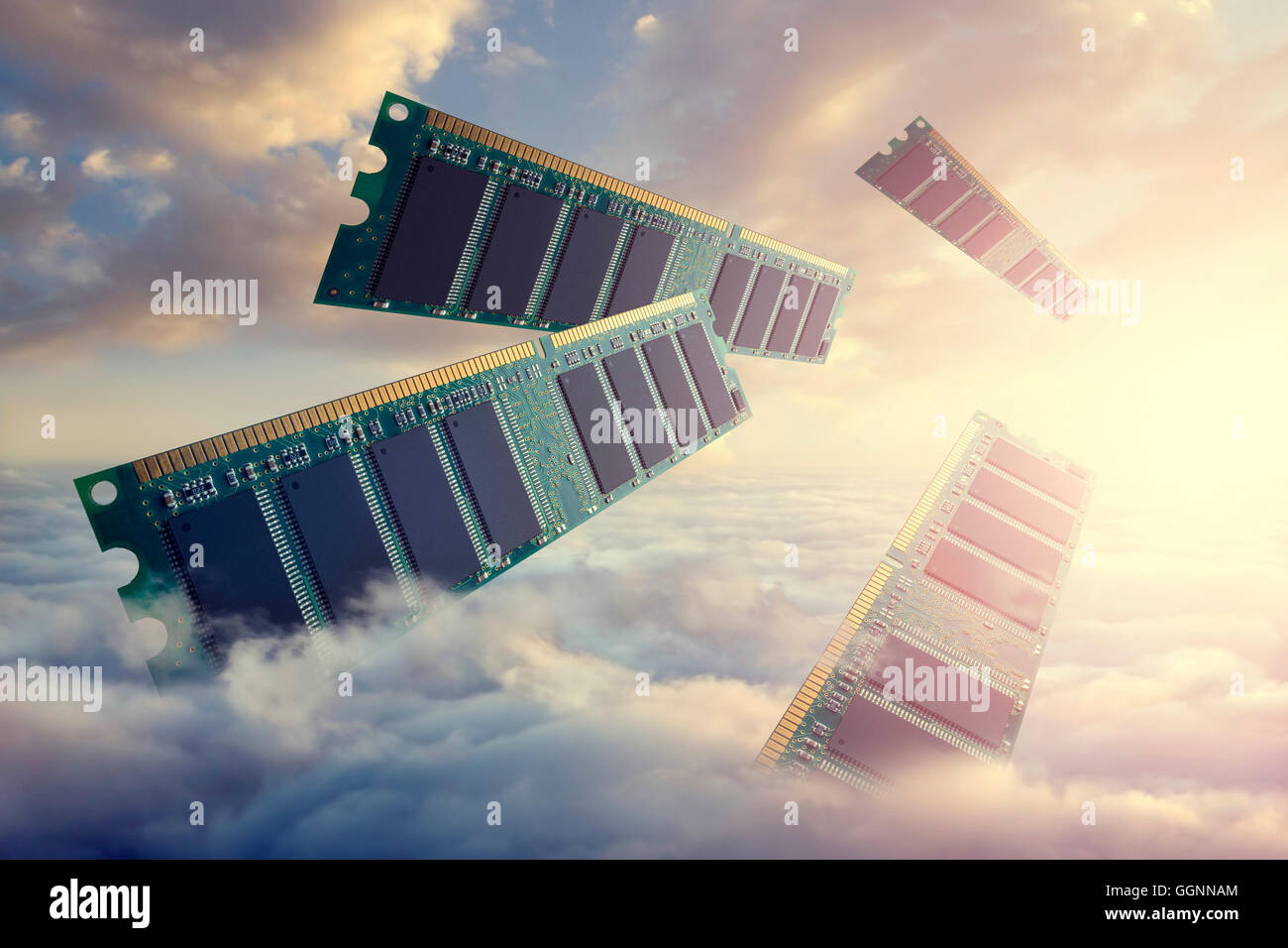 RAM modules floating above clouds Stock Photo