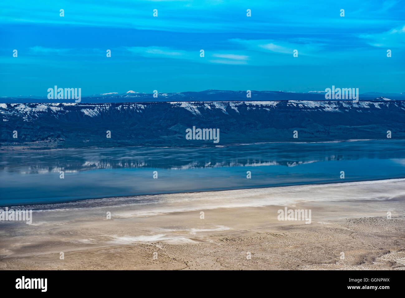 Aerial view of mountains reflecting in lake, Paisley, Oregon, United States, Stock Photo