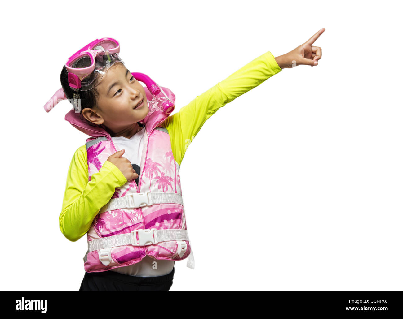 Asian girl wearing a life vest and snorkel set Stock Photo
