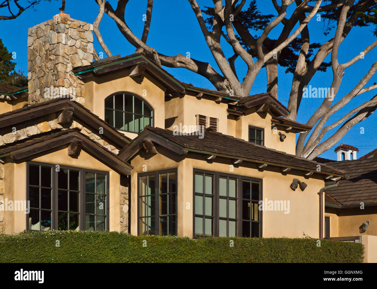 A multi-million dollar home is sheltered by MONTERTEY CYPRESS trees on Scenic Drive - CARMEL; CALIFORNIA Stock Photo