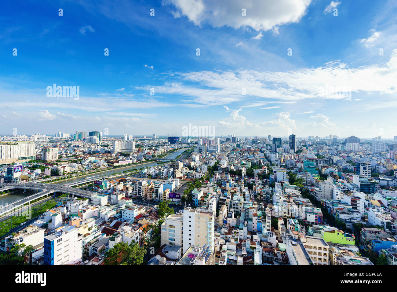 Ho Chi Minh city (or Saigon) skyline with colorful house in sunset