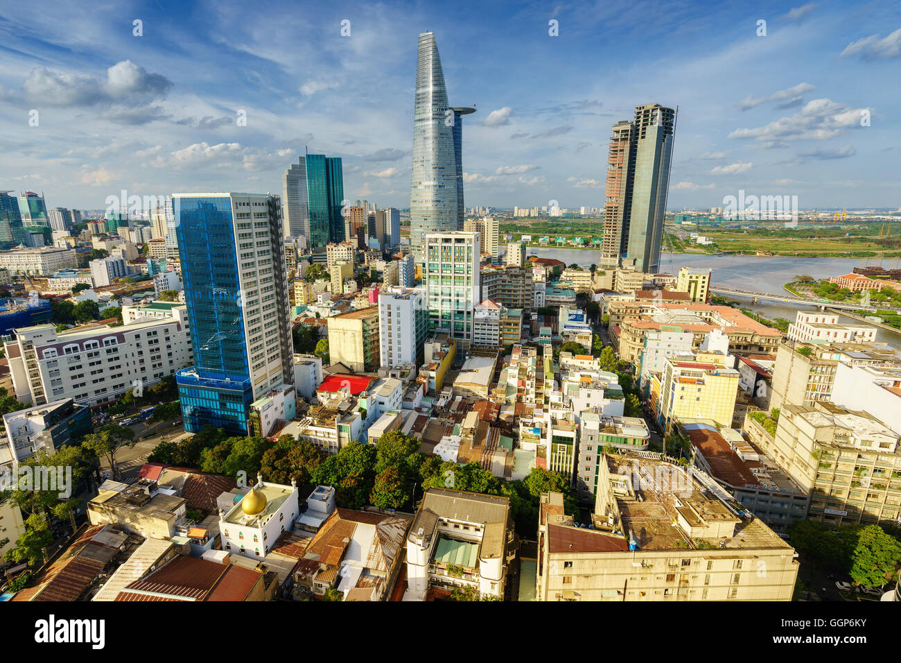 Ho Chi Minh city (or Saigon) skyline with colorful house in sunset