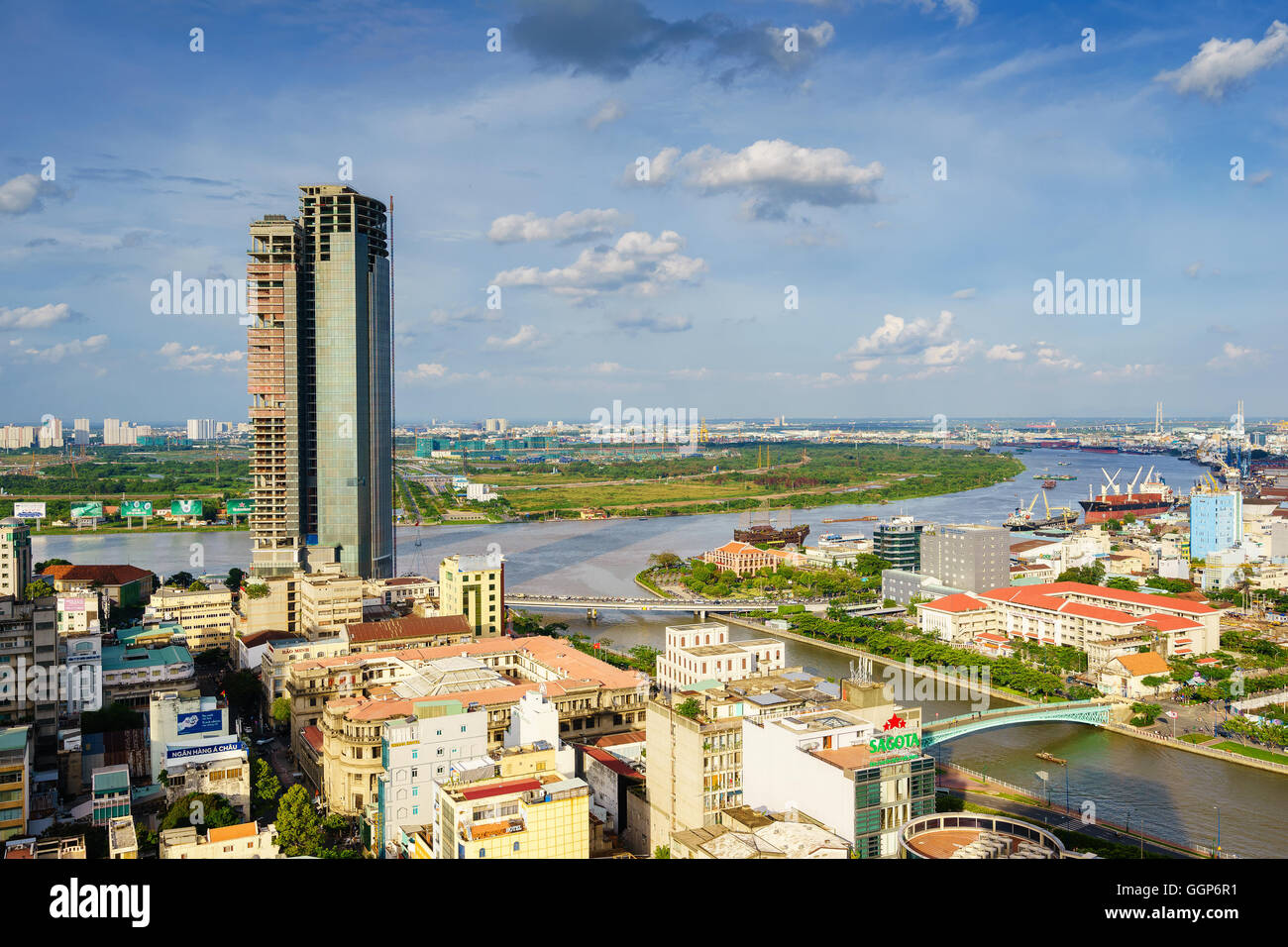 Ho Chi Minh city (or Saigon) skyline with colorful house in sunset