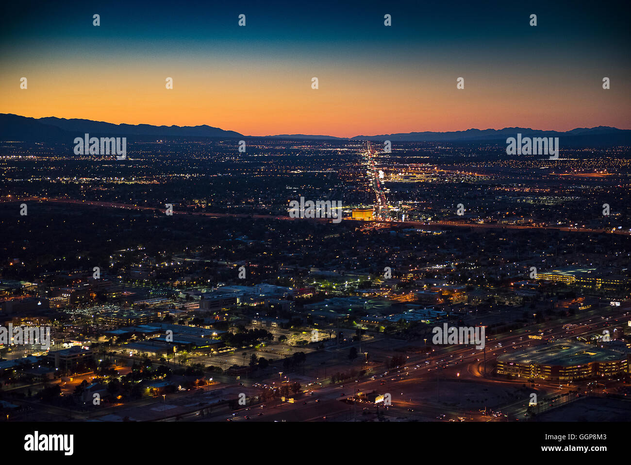 Aerial view of illuminated cityscape, Las Vegas, Nevada, United States, Stock Photo