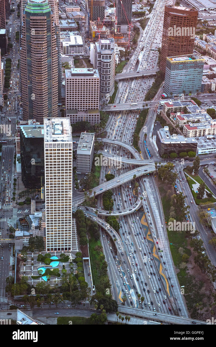 Aerial view of highway in Los Angeles cityscape, California, United States Stock Photo